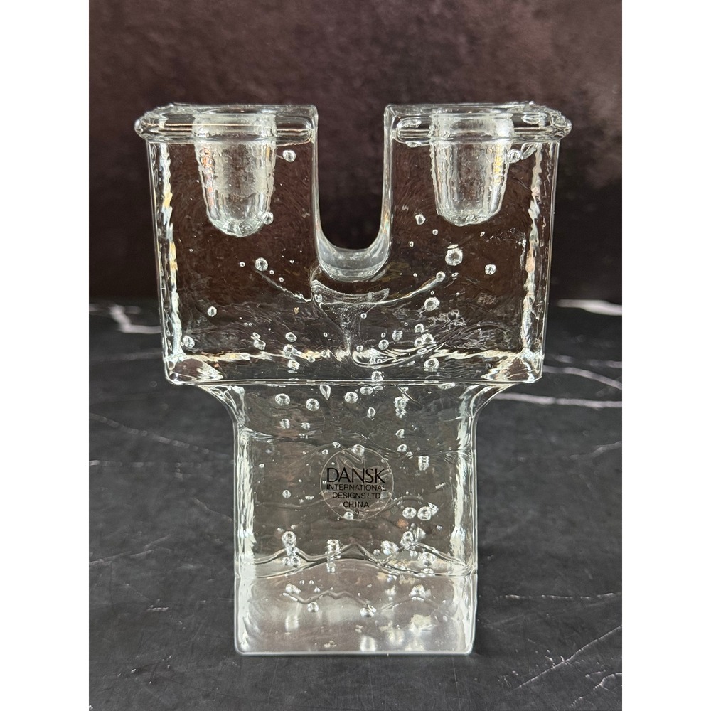 VTG Dansk Blocky Art Glass Candle Holder Bullicante Controlled Bubbles 5.5in